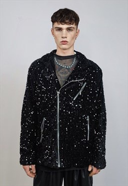 Sequin biker jacket black glitter bomber sparkle embellished