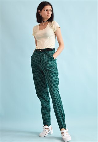 80'S RETRO CHECKED PRINT HIGH WAIST TAPERED TROUSERS