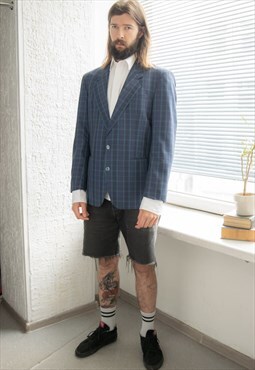 Vintage 80's Blue Checked Wool Blazer