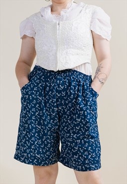 Vintage 90s Grunge Midi Floral Blue Women Shorts w Pockets