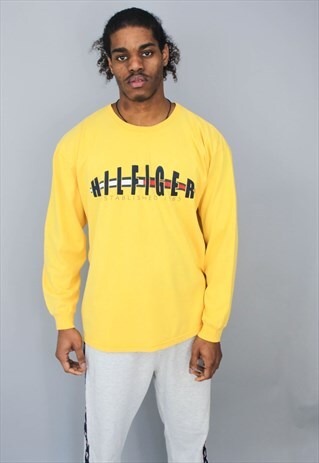 VINTAGE TOMMY HILFIGER YELLOW SPELL OUT LOGO LONG SLEEVE TOP