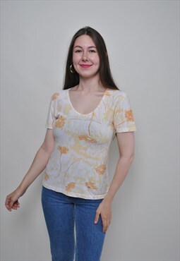 Y2k cute floral blouse, yellow pullover shirt with flowers 
