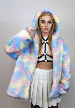 Hooded faux fur unicorn jacket rainbow bomber rave coat pink