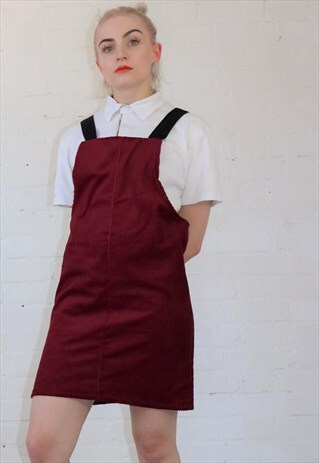 CORDUROY PINAFORE DRESS IN MAROON
