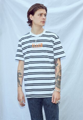 STRIPED T-SHIRT IN NAVY AND WHITE WITH EMBROIDERED LOGO