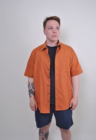 80S MINIMALIST COTTON SHIRT, SHORT SLEEVE ORANGE BUTTON DOWN
