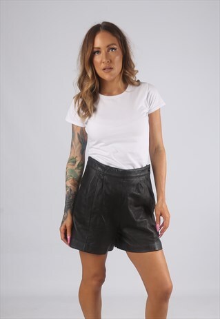 VINTAGE HIGH WAISTED LEATHER SHORTS BOHEMIAN UK 12 M (G2B)
