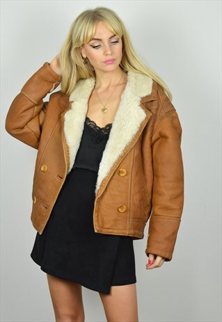VINTAGE TAN BROWN & CREAM SHEARLING LEATHER AVIATOR JACKET