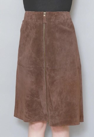 VINTAGE 1970'S SOFT BROWN SUEDE ZIP FRONT MIDI SKIRT