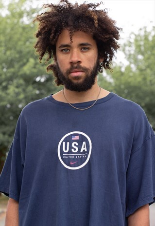 VINTAGE 90S NIKE LOGO CENTRAL TICK USA T SHIRT NAVY & WHITE