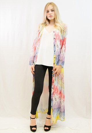 MULTI COLOR FEATHER PRINT CHIFFON LONG SHIRT DRESS CARDIGAN