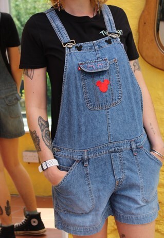 VINTAGE 90'S DENIM DUNGAREE SHORTS MICKY MOUSE PATCH MEDIUM