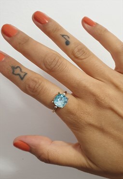 Blue Y2K Gem Stone Ring w Diamante Detail & Gold Band