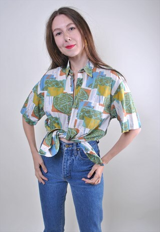 ABSTRACT PRINT WOMAN RETRO FESTIVAL SHORT SLEEVE BLOUSE