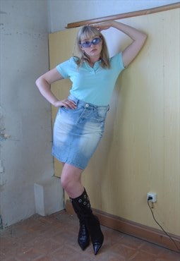 Vintage y2k rave wash denim festival mini skirts light blue 