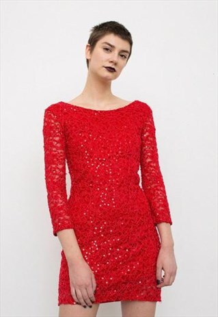 VINTAGE MINI DRESS EVENING SHORT RED SEQUIN PATTERN FITTED