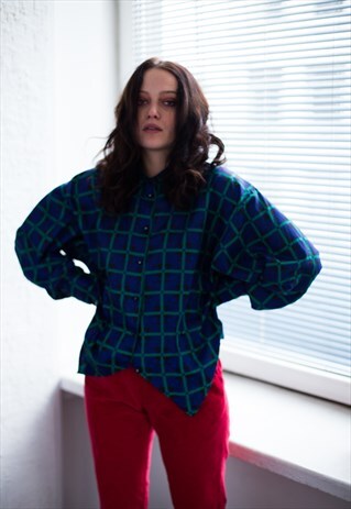VINTAGE 80'S BLUE CHECKED BLOUSE