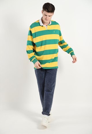 VINTAGE RALPH LAUREN STRIPED RUGBY POLO TOP GREEN YELLOW