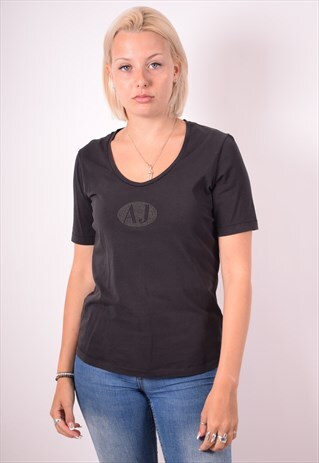 ARMANI JEANS WOMENS VINTAGE T-SHIRT TOP XL BLACK 90S