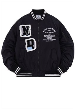 College bomber jacket winter varsity retro puffer in black