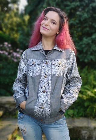 SILVER AND GREY BROCADE JACKET WITH OFF SHOULDERS ZIPPER