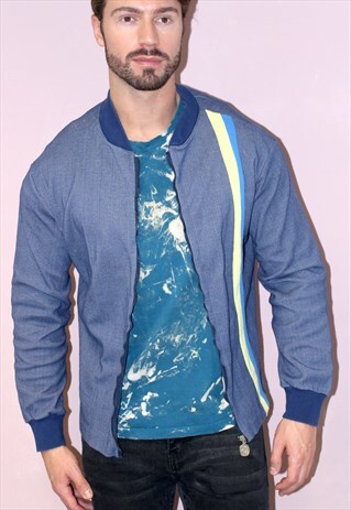 VINTAGE 70S BLUE BOMBER STRIPED RETRO HIPSTER YELLOW JACKET