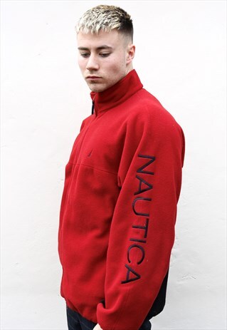 RED AND BLACK NAUTICA SPELL OUT FLEECE JACKET