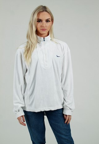 VINTAGE NIKE WHITE TOWELLING 1/4 ZIP SMALL LOGO SWEATSHIRT