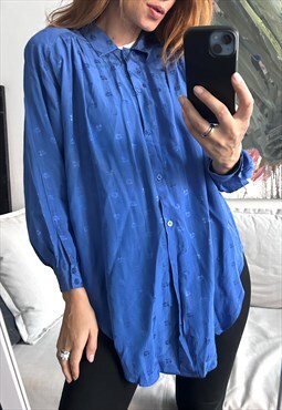 Vintage 80s Magenta Blue Long Blouse - M