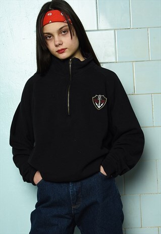 VINTAGE 90S COLLEGE 1/4 ZIP SWEATSHIRT JUMPER PULLOVER BLACK