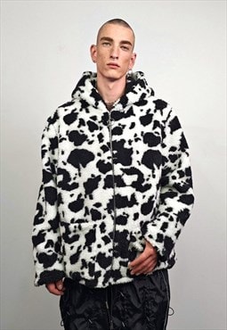 Cow fleece jacket white hooded animal print bomber festival