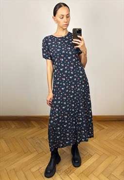 Vintage Floral Short Sleeve Polka Dot Long Dress