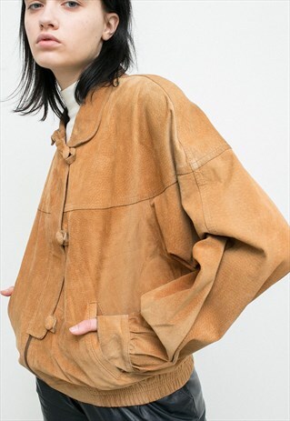 VINTAGE LEATHER JACKET CAMEL BROWN LEATHER LONG BAT SLEEVES