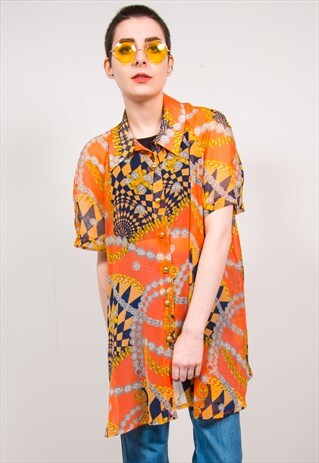 VINTAGE 90'S SHEER ORANGE CHAIN PATTERN SHORT SLEEVE SHIRT