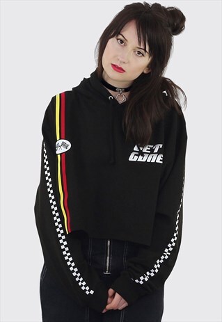 GET GONE BLACK SLOGAN PRINT CROP HOODIE