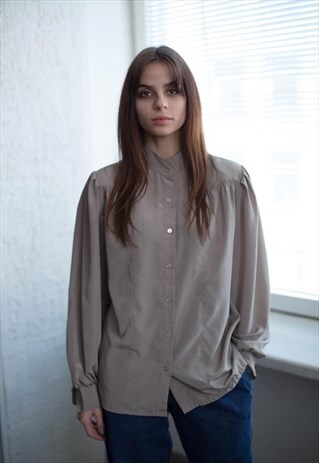 VINTAGE 80'S LIGHT BROWN PLAIN HIGH COLLAR BLOUSE