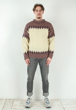 Mens Wool Sweater L Pullover Crew Neck Retro Nordic Winter 