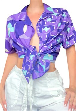 Y2K Purple Print Button Up Collared Short Sleeve Shirt