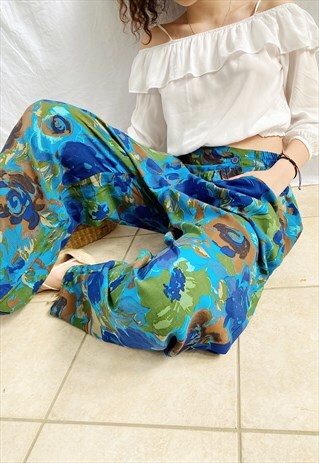 VINTAGE 80S PAINTED FLOWERS HIGHWAISTED BOHEME TROUSERS