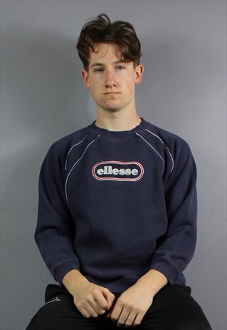 VINTAGE ELLESSE SWEATSHIRT IN NAVY WITH EMBROIDERED SPELLOUT