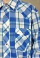 VINTAGE WRANGLER BLUE MENS SHIRT, 90S MENS BLUE WHITE PLAID 