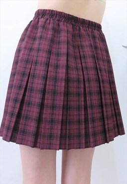 70s Vintage Burgundy Plaid Pleated Mini Skirt