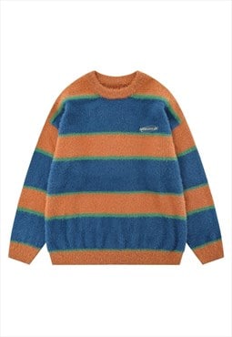 Striped fluffy sweater knitted jumper soft pullover in blue