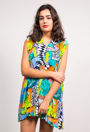 VINTAGE 90'S CRAZY VIBRANT PATTERN OVERSIZE SLEEVELESS SHIRT