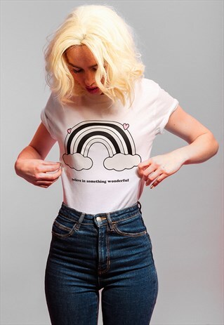 UNISEX T-SHIRT IN WHITE WITH RAINBOW SLOGAN IN GREY AND PINK