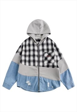 Reworked denim jacket hooded checked jean bomber in blue