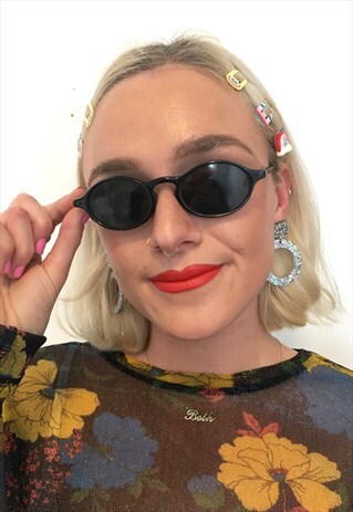 VINTAGE 90S RARE SLIM OVAL BLACK SUNGLASSES