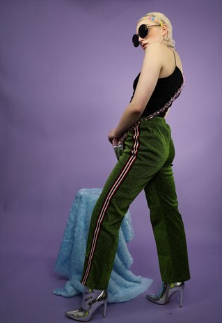 STRIPE DOWN TROUSERS IN GREEN GLITTER