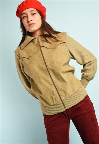 VINTAGE 70'S RETRO REAL SUEDE & KNIT MINIMALIST JACKET CARDI