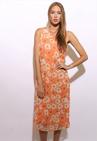 VINTAGE 90S ORANGE DAISY PRINT MAXI SUN DRESS FLORAL M-L